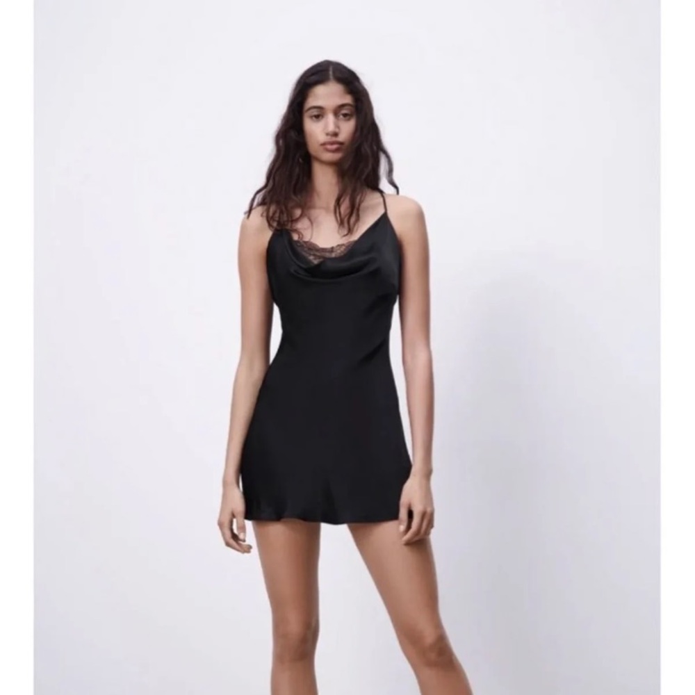 Zara lace satin slip dress black